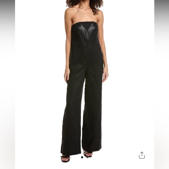 STAUD Zelie Black Strapless 100% Linen Wide Leg Jumpsuit Size 10